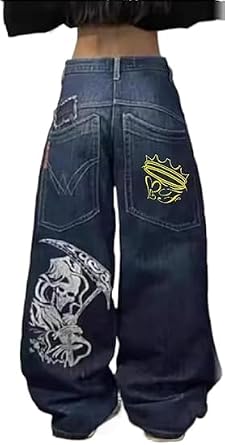 Baggy Y2k Jeans Men Women Hip Hop Vintage Wide Leg Jeans with Skeleton Print Goth High Waist Denim Pants Street Wear