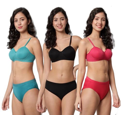 Image of CSU Women's Cotton Half Padded Non Wired Bra and Panty Set Pack of 3