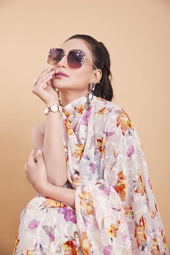 Image of Garden Vareli Summer Roganza Viscose Brasso Floral Print Saree with Unstitched Blouse Piece