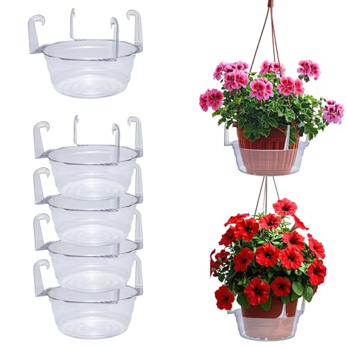 Curtis Wagner Plastics Hanging Basket Drip Pans (5-Pack) | Clear Round (Diameter = Base 9 Top 12 Depth 3.75) Hanging Plant Tray Saucer with Built-in Hooks & Water Catcher for Indoor & Outdoor