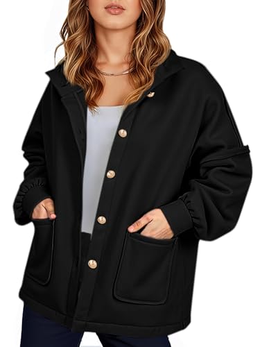 Yousify Womens Oversized Button Down Sweatshirts Jackets Casual Stand Collar Lantern Sleeve Coats Trendy Fall Outerwear