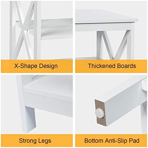 CASART Bedside Table, 2/3 Tier Nightstand End Table Wooden Accent Tables, X Shape Design Modern Sofa Side Tables for Living Room, Bedroom, Office(White, 3 Tiers)