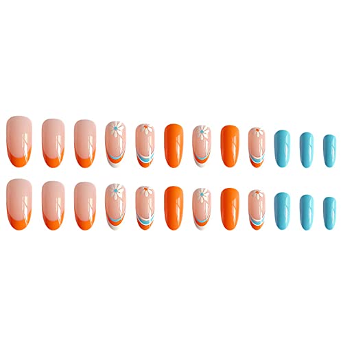 Stgdak French Press On Nails Oval Glossy Orange Blue Combination False Nails Ballerina Full Cover Sun Flower Fake Nail Tips Acrylic Nail Art Diy Stick On Nails For Women 24Pcs #TOP3