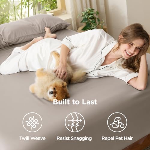 Image of Bedsure PureWoven Full Size Fitted Sheet, 100% Rayon Derived from Bamboo | Cooling Bottom Sheet for Hot Sleepers, Breathable & Soft, Deep Pocket Up to 18 inch, Secure Elastic Corner Straps, Simply Taupe