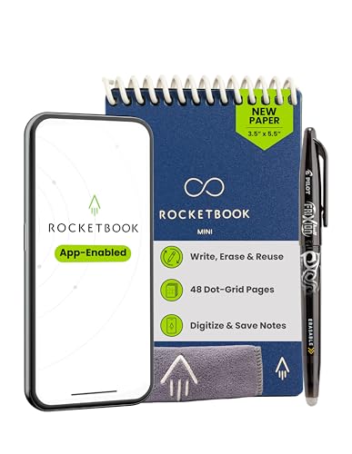Rocketbook New Mini Reusable Smart Notepad, Pocket Size Notebook 3.5x5.5, Dark Blue - Dotted Pages, App-Connected, Erasable, Ideal for On-The-Go List Taking & Quick Notes Anywhere