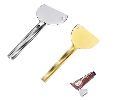 2Pcs Toothpaste Squeezer,Metal Tube Squeezer Key Stainless Steel Dispenser Roller Tube Presser Roller Tube Wringer Key Bathroom and Kitchen Gadgets for Various Tube Ointment Product (Silver and Gold)