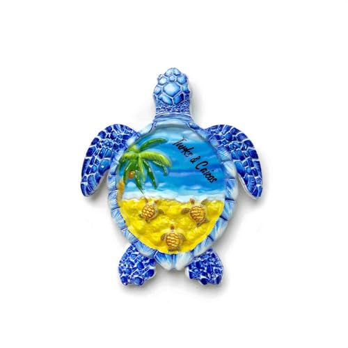 Turks & Caicos Blue Sea Turtle Refrigerator Magnet with 3 Baby Turtles, Palm Tree & Beach Scene, 3.15x2.64 Inch, Fun Decoration for Kitchen, Travel Souvenir
