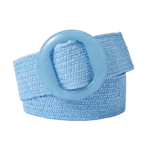 Women Straw Woven Elastic Wide Belt Solid Color with Matching Plastic Buckle for Dresses