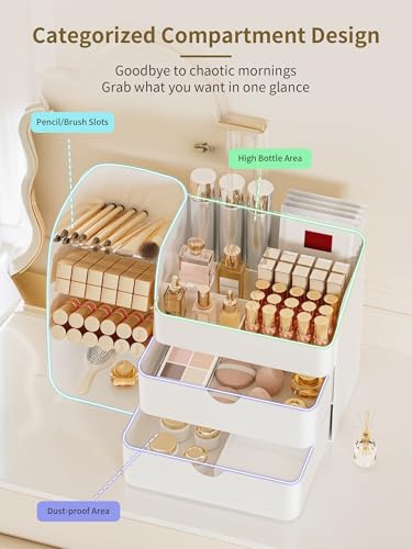 Image of Booklov Small Makeup Organizer for Vanity and Bathroom Countertop, White | Plastic Cosmetic Display Case with Drawers, Beauty Brush Holder for Dresser Counter, Storage Skin Care Eyeshadow Lipstick
