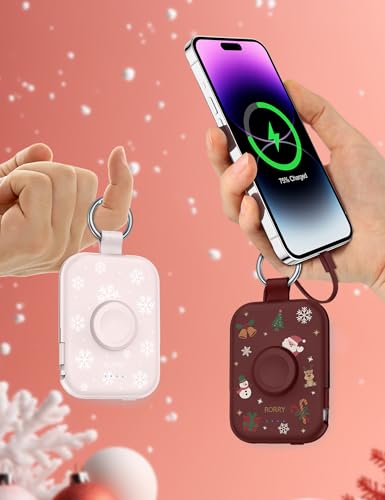 Image of RORRY Portable Charger, 5000mAh Portable Charger Power Bank with Built-in Cables, Travel Keychain Battery Pack for Apple Watch Ultra /11 /10 /9 /8 /7 /6 /SE, iPhone Air /17 /16 /15 /14 /13 /12, Christmas Red