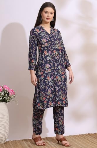 Image of W for Woman Reef Blue Floral Printed Modal Straight Kurta, Pants and Dupatta Set