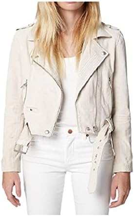[BLANKNYC] womens Luxury Clothing Cropped Suede Leather Motorcycle Jackets, Comfortable & Stylish Coats, White Sand, Medium