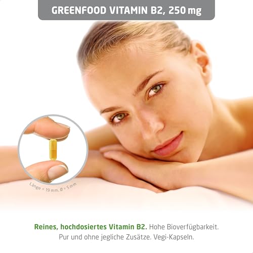 Vitamin B2, hochdosiert, 250mg - 120 Kapseln, vegan. Riboflavin – unterstützt Energiestoffwechsel, Sehkraft, Haut & Nerven. OHNE künstliche Zusätze - laborgeprüft. Von Greenfood.
