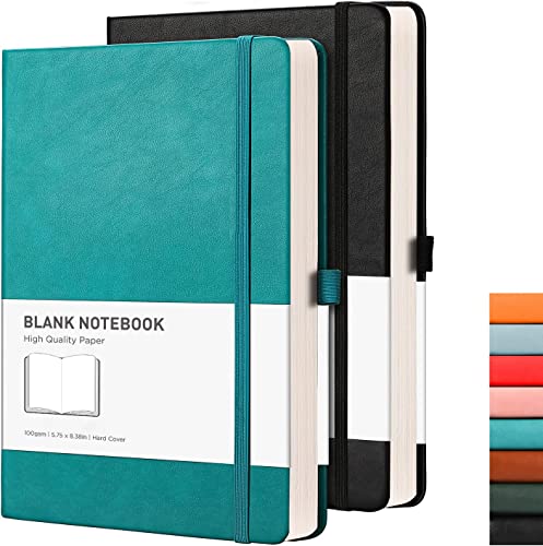 RETTACY Blank Notebook A5 Plain Notebook 2 Pack - 384 Pages Unlined Notebook with 100gsm Blank Paper, Pen Holder, Inner Pocket, for Sketch School Women Men 14.5 x 21cm - Black Cyan