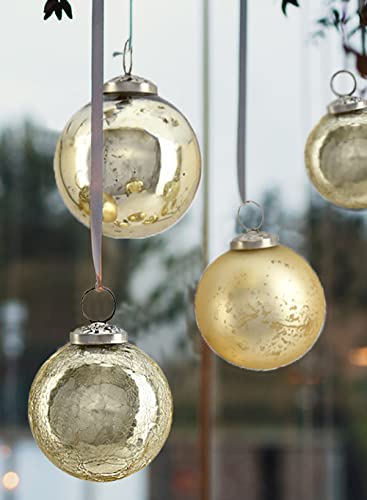 Serene Spaces Living Set Of 9 Assorted Gold Glass Ball Ornaments For Christmas Tree, Holiday Decorations, Winter Wedding, Table Centerpiece, Window Box, Measures 3" Diameter #TOP5