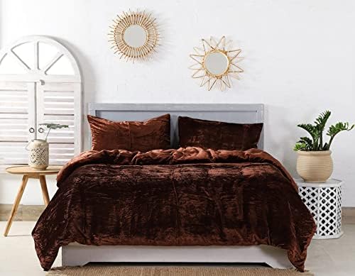 Ultra-Luxe Crushed Velvet Duvet Cover, Boho Bedding UO Comforter Bedding Donna Cover,3 Pc Duvet Set, Velvet Bedding Set (King 90" x 104", Brown)