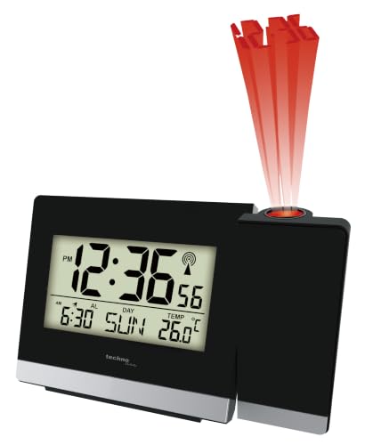 Technoline WT 536 Funk-Projektionswecker mit DCF77 Funkuhr | Uhrzeitprojektion | Innentemperatur | Alarm mit Snooze | Wochentag & Datum | Hintergrundbeleuchtung | Netzteil inklusive | Schwarz