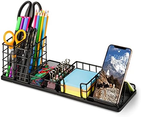 Pen Holder for Desk, Desk Organizer with Pen Holder, DIY Desktop Organization with Phone Holder, Sticky Note Tray, Paperclip Storage and Office Accessories Caddy for Office Home School, Black