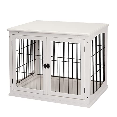 PawHut Casetta per Cani da Interno, Gabbietta per Animali in Legno e Metallo con Doppia Porta, 58.5x81x 66cm, Bianco