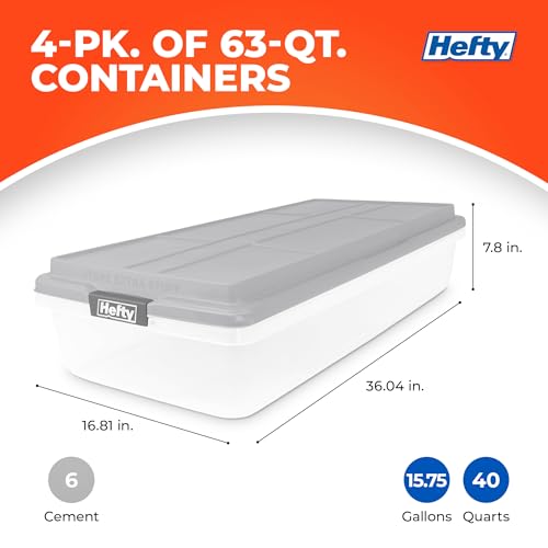 Hefty 63 Qt Hi-Rise Storage Bin with Lid, Stackable Plastic Storage Container, Organizer for Home, Garage & Closet, 4 Pack, Gray - image 3
