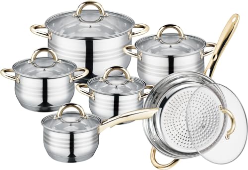 Royalty line Batterie de Cuisine en Acier Inoxydable à 5 Couches,18 pièces, Poêle à Frire, Casserole et Marmite avec Couvercle en Verre, Casseroles Adapté...
