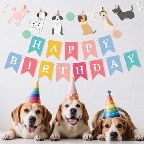 Image of Dog Happy Birthday Banner, Dog Themed Birthday Decoration, Colorful Dogs Party Decorations with Dogs Garlands Banner for Pet Puppy Birthday Party Supplies