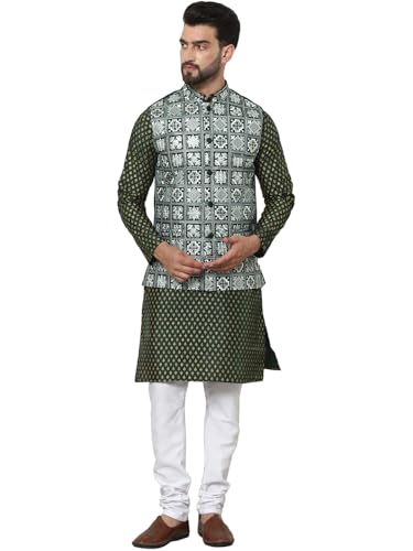 Image of SOJANYA (Since 1958 Men's Silk Blend Printed Kurta and White Pyjama with Embroidered Nehru Jacket
