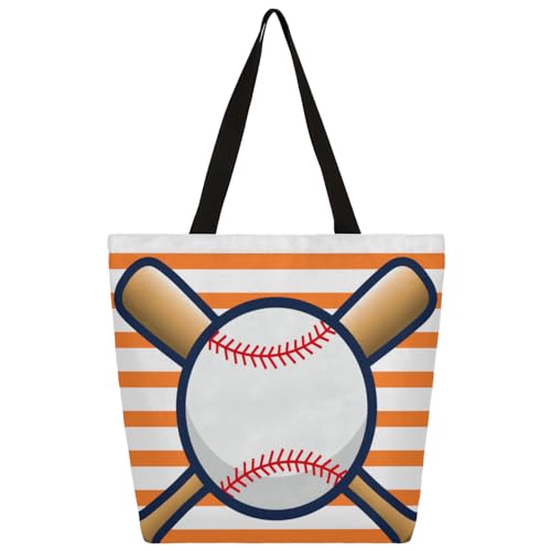 Mularoka Striped Baseball Large Capacity Canvas Tote Bag Stylish Handheld Shoulder Bag Reusable Shopping Bag for Work Travel Beach Trips Shopping