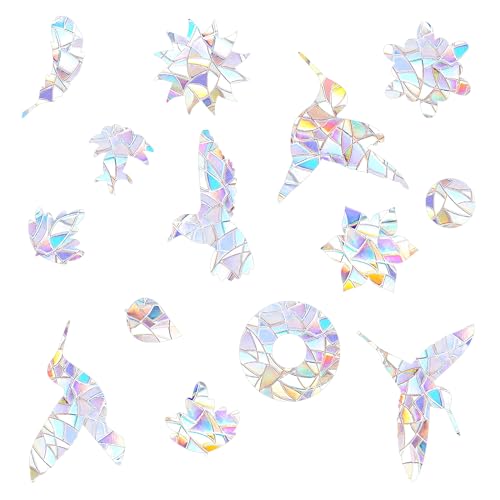 Qianyu 24 Stück Vogel Fensteraufkleber Anti-Kollision Fenster Aufkleber Prism Abziehbilder Selbstklebend Ablösbar Verhinderung Personen Vogelschlägen auf Fensterglas Groß Größe Wiederverwendbar