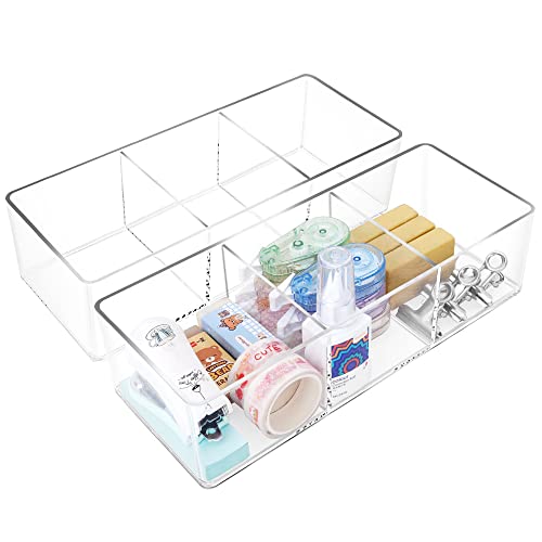POPPEYGO Stackable Clear Drawer Organizers Small Makeup Vanity Storage Bins Trays and Office Desk Drawer Dividers Triple Compartments 2 Pack
