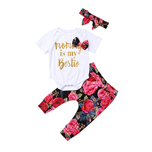 3PCS Baby Girl Clothes Mommy is My Bestie Outfit Short Sleeve Romper Floral Pants Headband Clothes Set (White,18-24 Months)