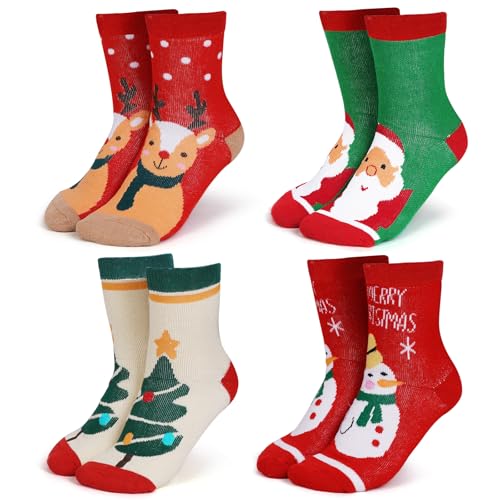 wanchel 4 Paar Merino Wolle Weihnachten Kinder Socken - Verdickte...