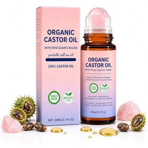 Organic Castor Oil Roll On with Rose Quartz Roller, 100% Pure Cold Pressed Hexane Free, 1.7 fl oz / 50 mL Portable Serum for Eyelashes, Eyebrows, Hair, Scalp, Skin, Nails, Cuticles, Travel Applicator