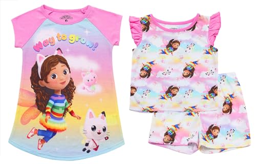 Gabby's Dollhouse Jersey Knit 3 Piece Pj Set Sleepwear Pajamas for Toddler Girls - Gown, Shirt, Shorts (2T-5T)