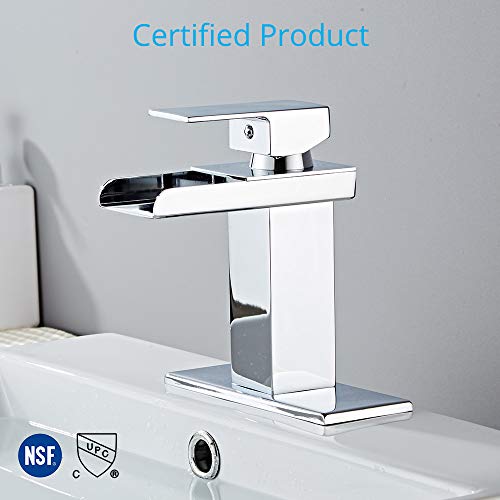 Wovier Chrome Waterfall Spout Bathroom Sink Faucet With Supply Hose,Single Handle Single Hole Lavatory Faucet,Slanted Body Basin Mixer Tap Commercial(No Led) #TOP5