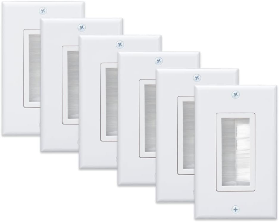 Wi4You Brush Wall Plate Single Gang Cable Wall Plate with Decorative Insert 6 Pack for HDTV Home Theater Power Cable and Low Voltage Wires Pass Through White