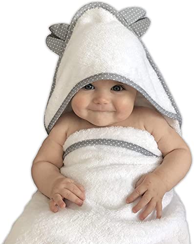 VABY Babyhandtuch mit Kapuze aus Oeko-TEX® Baumwolle und Bambus extra weiches Kapuzenhandtuch für Babys und Kleinkinder ab 0 Monate | Babyhandtuch 85 x 85 cm mit süßen Ohren (Grau)