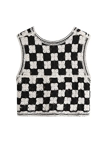 Verdusa Women's Button Front V Neck Sleeveless Checkered Knit Sweater Vest Black And White S #TOP1