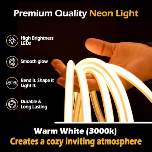 Image of MoonlitDreams 3 Meter LED Neon Strip Light, 10mm Warm White Waterproof Flexible 3M COB Neon Rope Light, Cuttable LED Strip for Indoor Outdoor Wall Decor, Home, Shop, Party & Festival Lighting