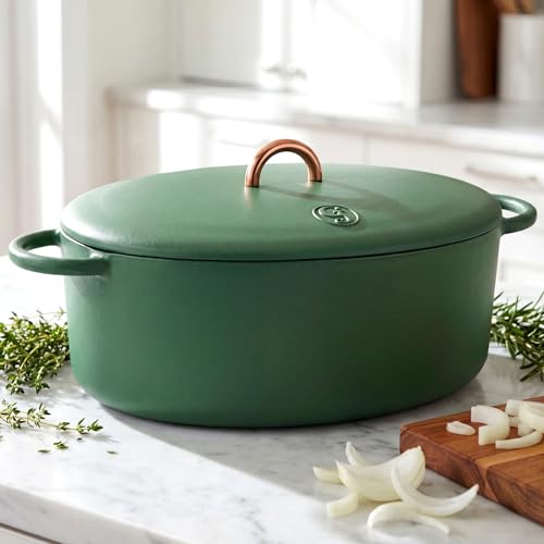 Image of Great Jones 6.75 Quart Enameled Cast Iron Dutch Oven Pot w /Lid (Broccoli) | Large Dutch Oven For Bread Baking, Oval with Dual Handles, All Stovetop Safe up to 500, Non Stick & Dishwasher Friendly
