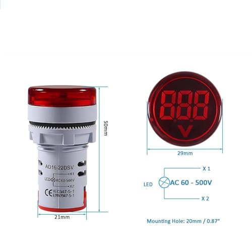 Image of SP Electron (Set of 3) AC 60-500V LED Voltage Meter Indicator Signal Light Digital Display Voltage Meter Indicator Round Lamp Tester (Red, yellow, Blue)