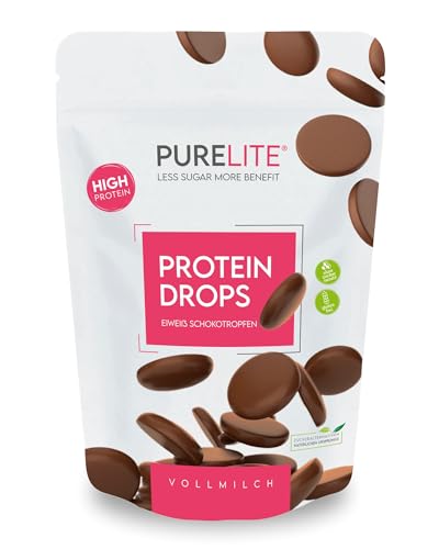 PURELITE Protein Drops vollmilch vegetarisch, High Protein 26g/100g, Schokodrops ohne Zuckerzusatz, Erythrit & Stevia, kalorienarm, Snack, Backen & Schmelzen, Kuvertüre, Schokobrunnen, 450g