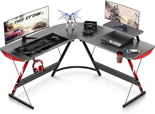 DingdingTZ L Shaped Gaming Desk 130cm L Shaped Desk, Carbon Fiber Coated, Computer Corner Desk with Large Monitor Riser Stand for Home Office, Sturdy Writing Workstation, Gaming Desk with Shelf, Black