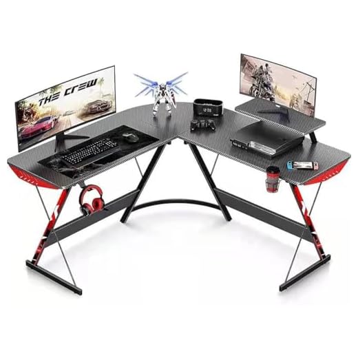 طاولة مكتب زاوية للكمبيوتر بشكل حرف L مقاس 130 سم مطلية بالياف كربونية - حامل رفع كبير لشاشة المنزلي توفر مساحة عمل متينة للكتابة ومزودة برفوف لون اسود