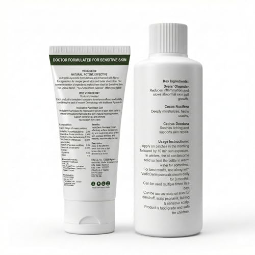 Image of VEDICDERM Cream & Oleander Skin Care Oil Combo for Dry, Itchy Skin | Natural Steroid-Free Formula | Helps Soothe Irritation & Retain Moisture | 200ml Cream + 200ml Oil (Pack of 1)