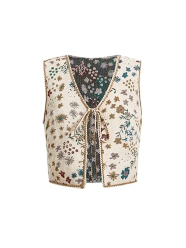 GORGLITTER Damen Strickweste Kurz Elegant Ärmellos Cardigan mit V-Ausschnitt Stickerei Weste Bestickte Blumenweste Boho Westen Aprikosenfarben M