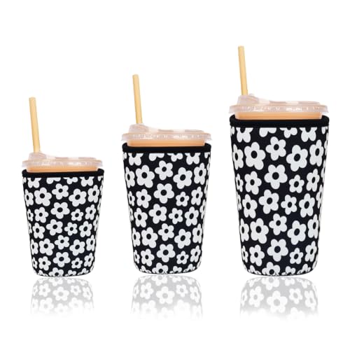 Image of Reusable Insulated Sleeve for Iced Coffee Cup, 3-Pack Coffee Neoprene Drink Sleeve for Cold & Hot Drinks, Beverage Holder for Iced Coffee (Monochrome Florals)