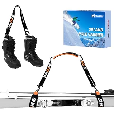 Mellbree Ski Carrier Straps, Snowboard, Pole and Boot Carry Sling Straps with Cushioned Shoulder Adjustable for Family Men Women & Kids Skiing Gear Equipment Accessories Gifts Cover