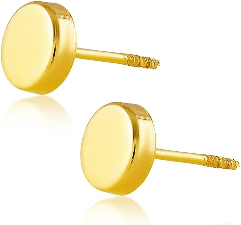 Hoberta Real 14k solid Round Yellow Gold Tiny Circle Stud Earrings with Screw back for Women And Men for Sensitive ears Small & Minimalist Dot Studs Jewelry for Valentine's Day Gifts