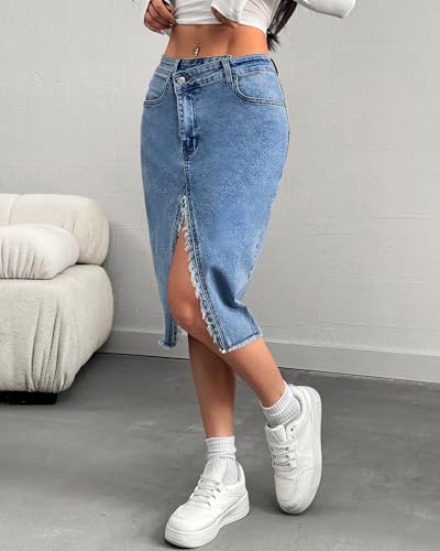 Women’s High Waist Midi Jean Skirt Casual Split Frayed Raw Hem Stretchy Knee Length Denim Skirt4